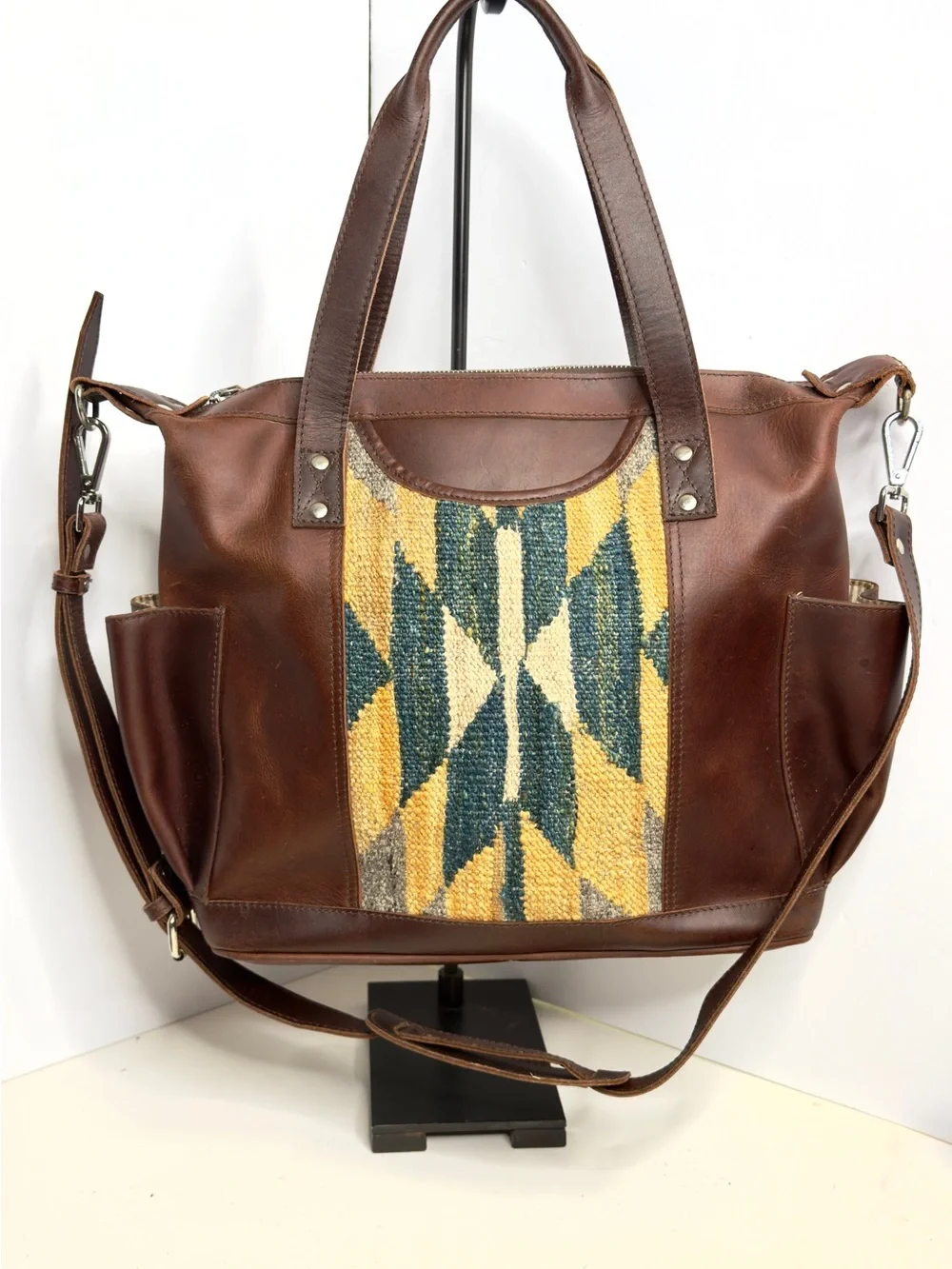 Western Look Convertible Brown Leather Tote with cross stitch Geo. Front Tote